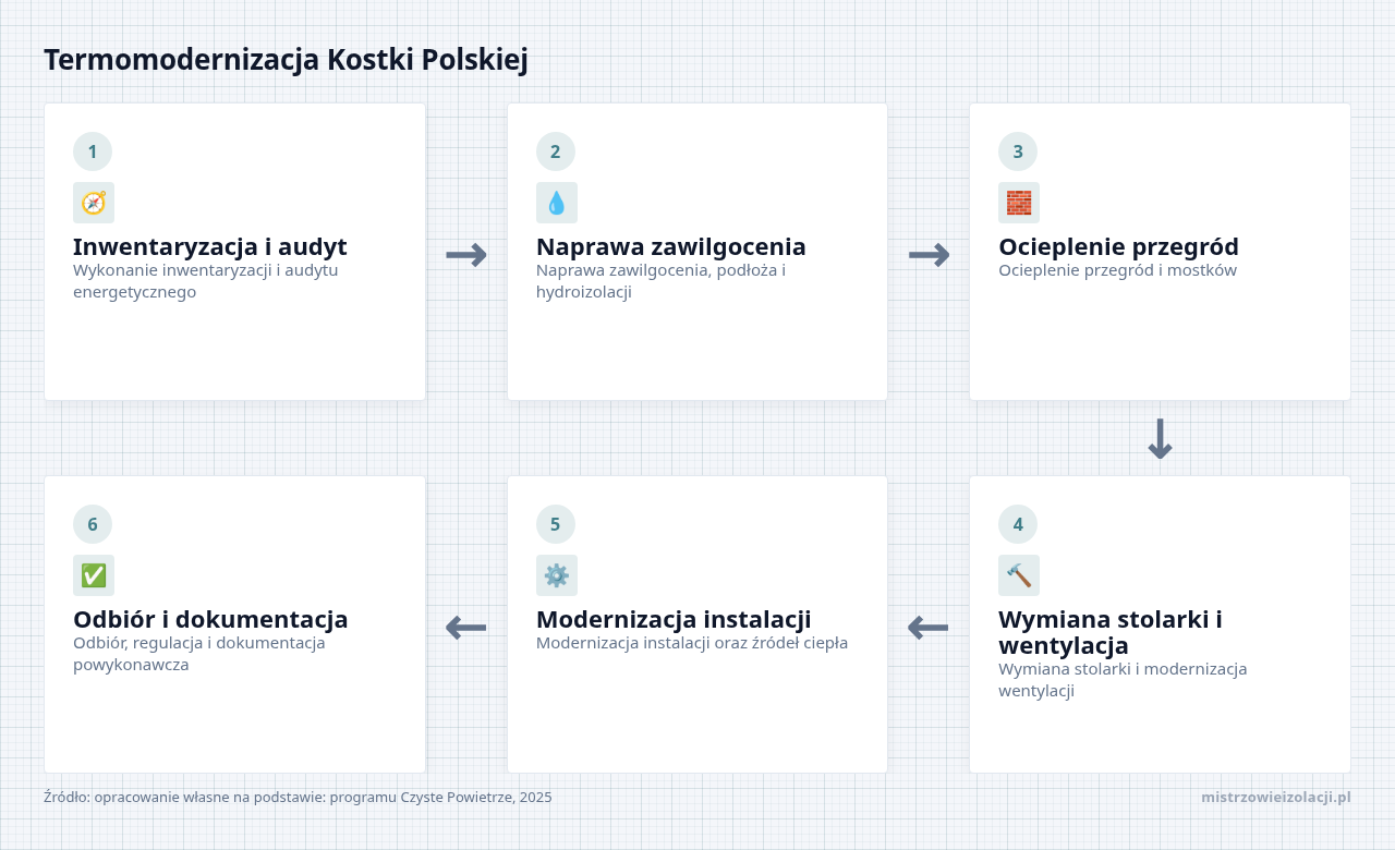 Kolejne kroki: Inwentaryzacja i audyt, Naprawa zawilgocenia, Ocieplenie przegród, Wymiana stolarki i wentylacja, Modernizacja instalacji, Odbiór i dokumentacja